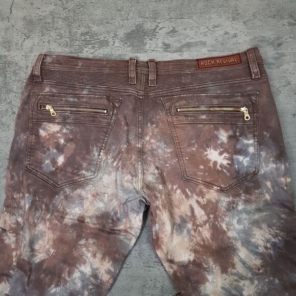 ROCK REVIVAL Daviday Moto Acid Wash Tie Dye Denim Jeans Mens Size 42x32 Brown - Picture 4 of 9